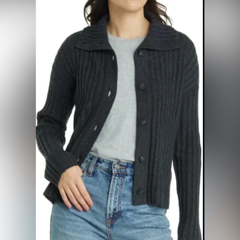 Madewell Dark Gray Wool Blend Oversized Collar Cardigan Sweater Size XS Ribbed